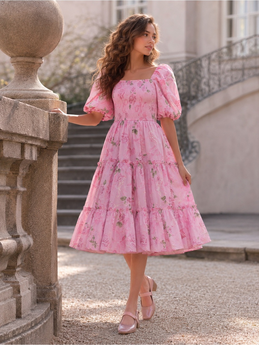 JessaKae Delilah Dress Mauve Melody Pink Floral Smocked Midi Size S